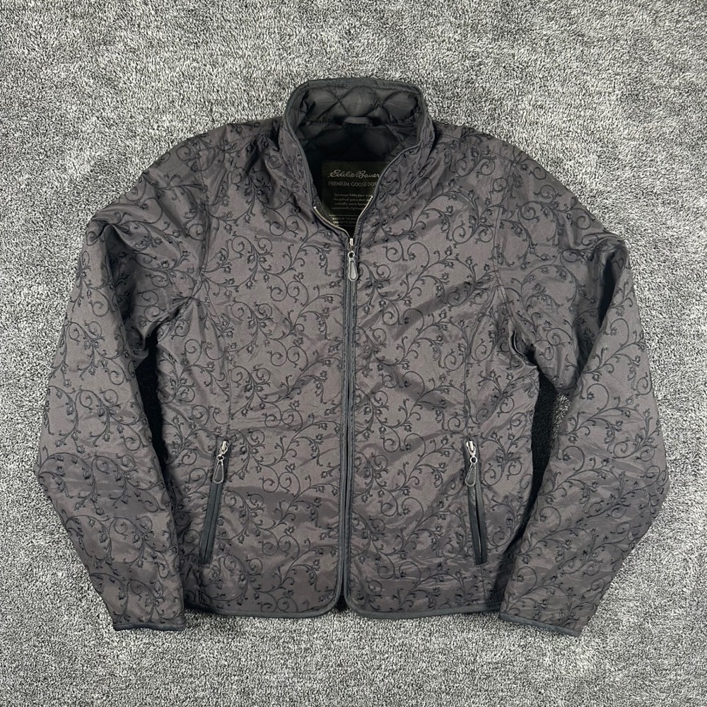 Eddie Bauer Jacket Womens M Premium Goose Down Black Floral Embroidered Puffer